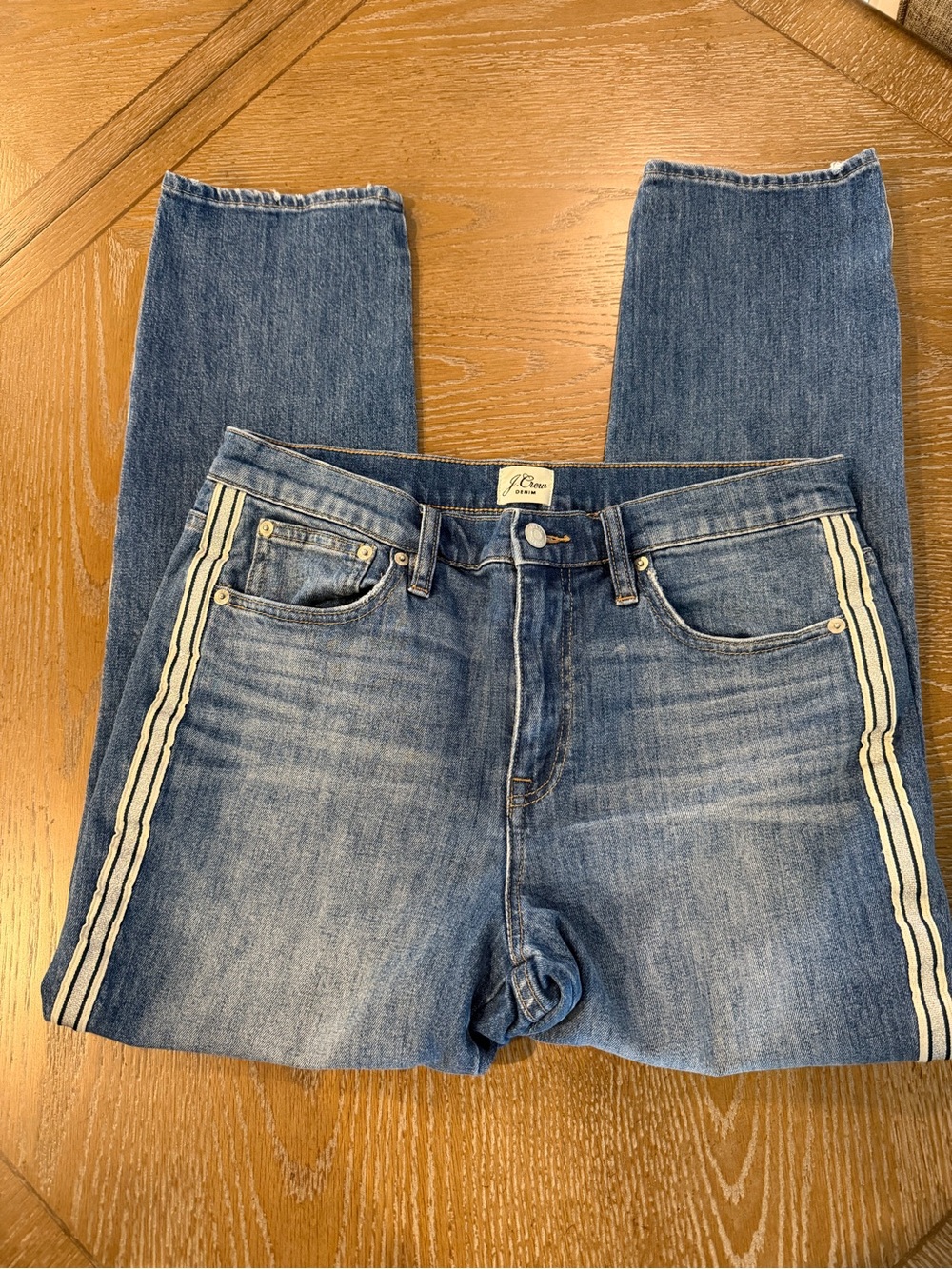 J. Crew Slim Straight Medium Blue Denim Jeans with Cream Tuxedo Stripes -size 29